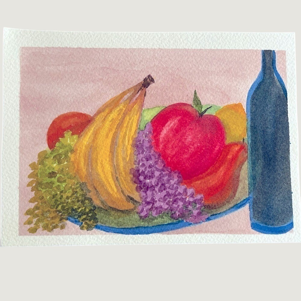 Original Still Life Watercolor Painting Fruit Bowl Wine Bottle 4x6 Unframed